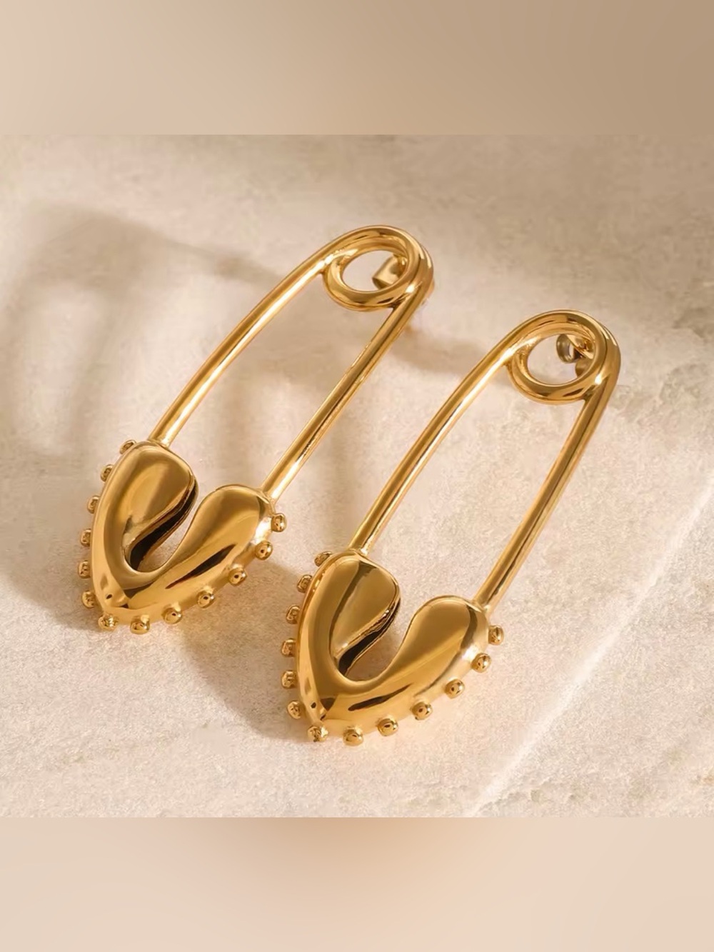 Gold Heart Safety Pin Earrings - Waterproof Stainless Steel